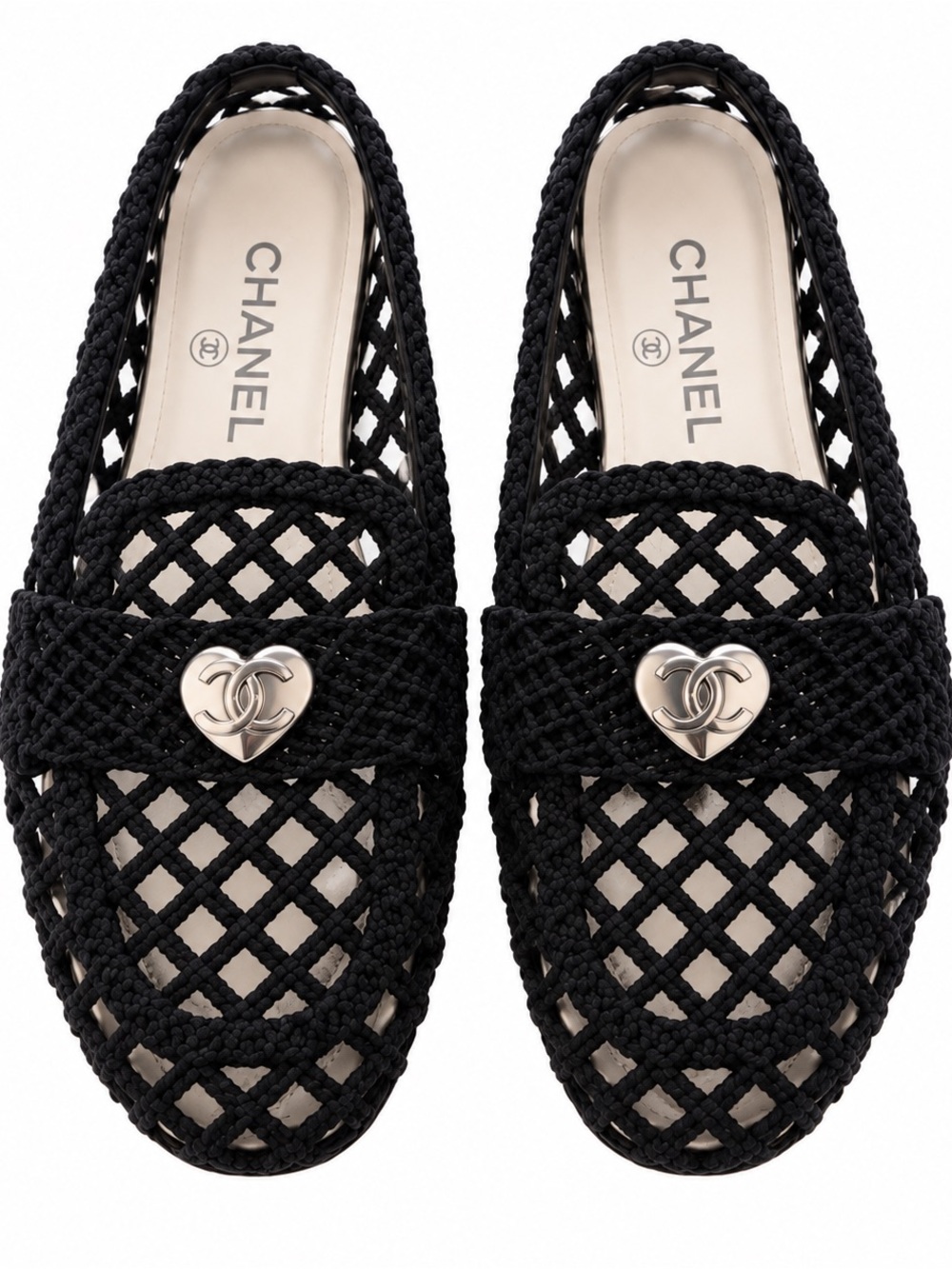 CHANEL Navy Crochet Flats with Silver Heart Emblems